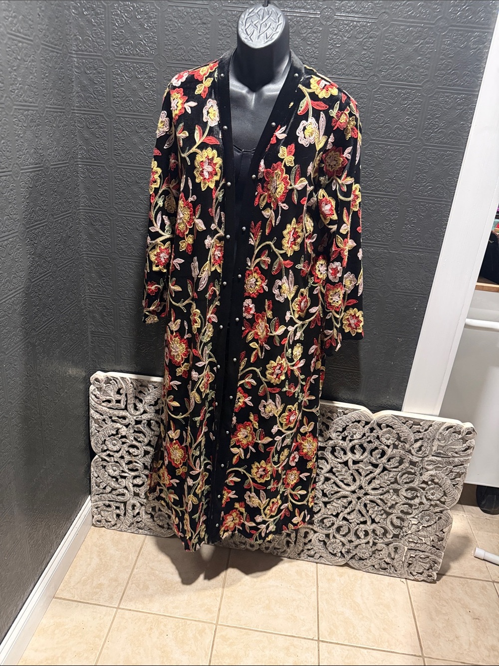 Black Floral Embroidered Long Coat